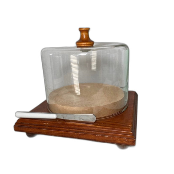 NEW Vintage Cheese Tray Glass Dome, Knife, Removable Cutting Board, Stainless - Picture 1 of 5